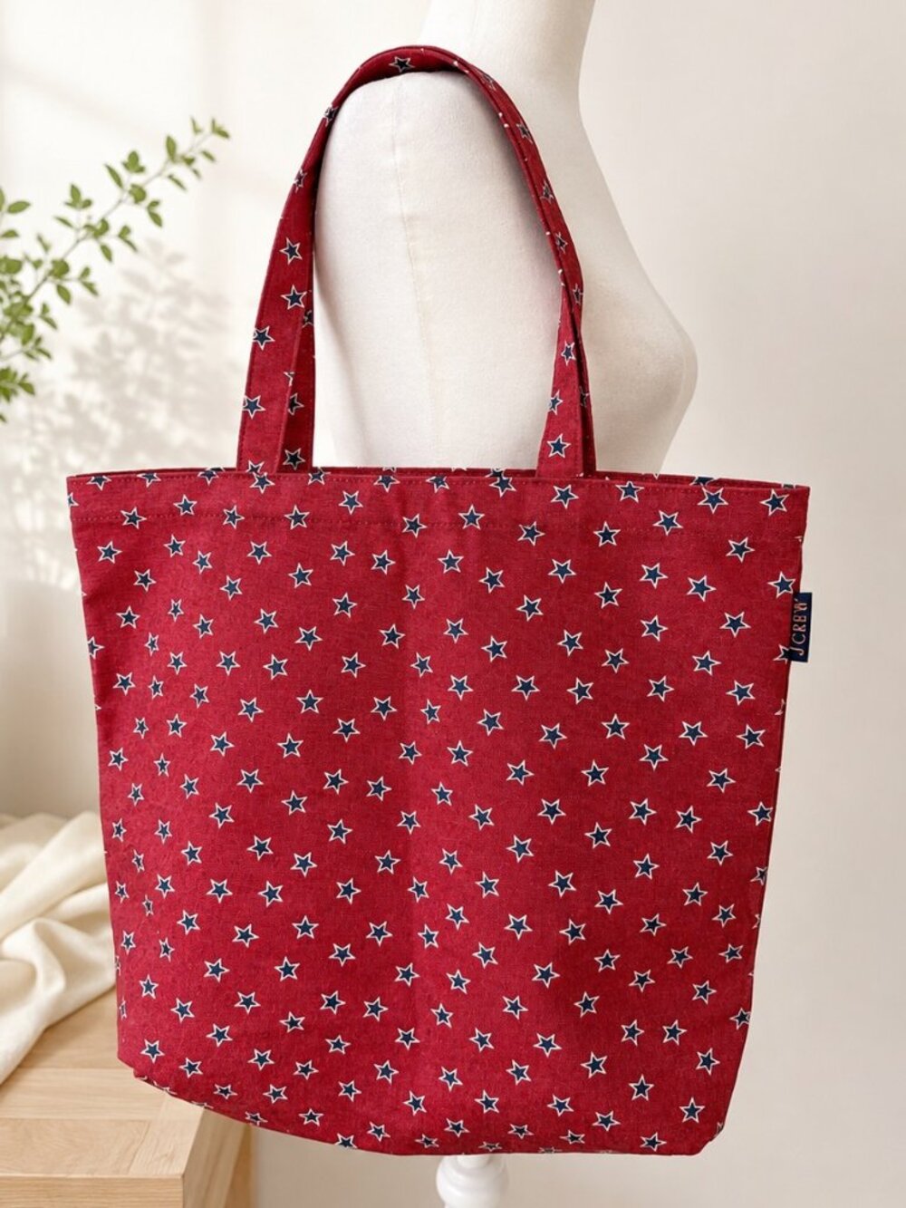 J.Crew J4497 Red Navy White Star Print Cotton Canvas Tote Bag NWOT Beach Shopper